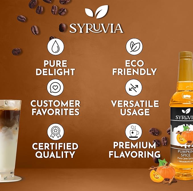Syruvia Pumpkin Spice Syrup – 25.4 fl oz – Syrup for Coffee, Lattes, Shakes, Smoothies, Desserts – 100% Vegan, Gluten Free, Kosher (Pack of 3)