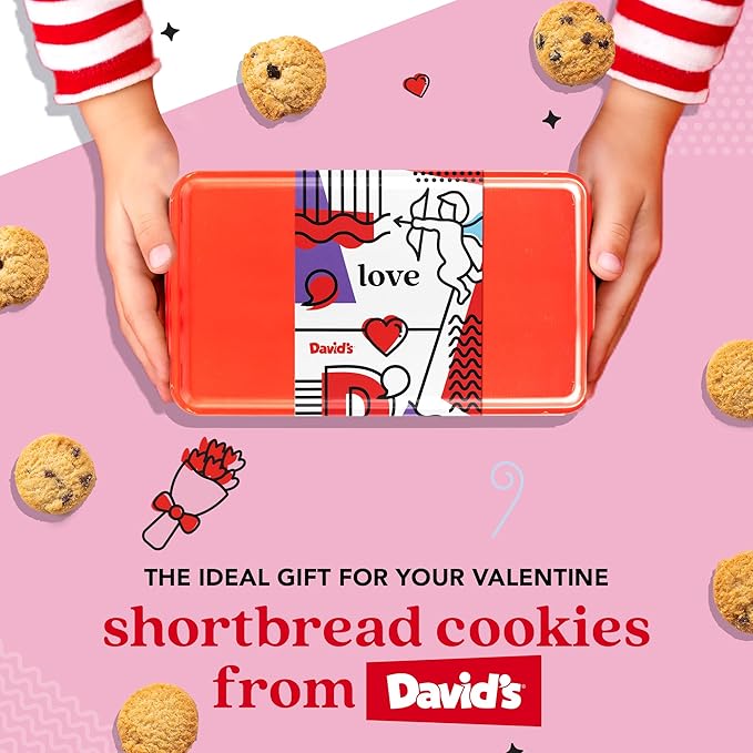 David’s Cookies Shortbread Cookies in Love Sweet Sampler Tin - Original and Chocolate Chip Shortbread Cookies in a Love-Themed Gift Tin - Gourmet Food Gift Basket for Her Him