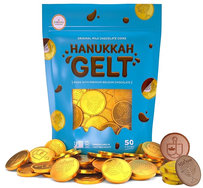 The Dreidel Company Chocolate Candy Milk 50 Chocolate Coins, Hanukkah Gelt, Gold Coins, Made with Belgian Chocolate, Gluten Free, Non GMO, Nut-Free, Kosher Certified