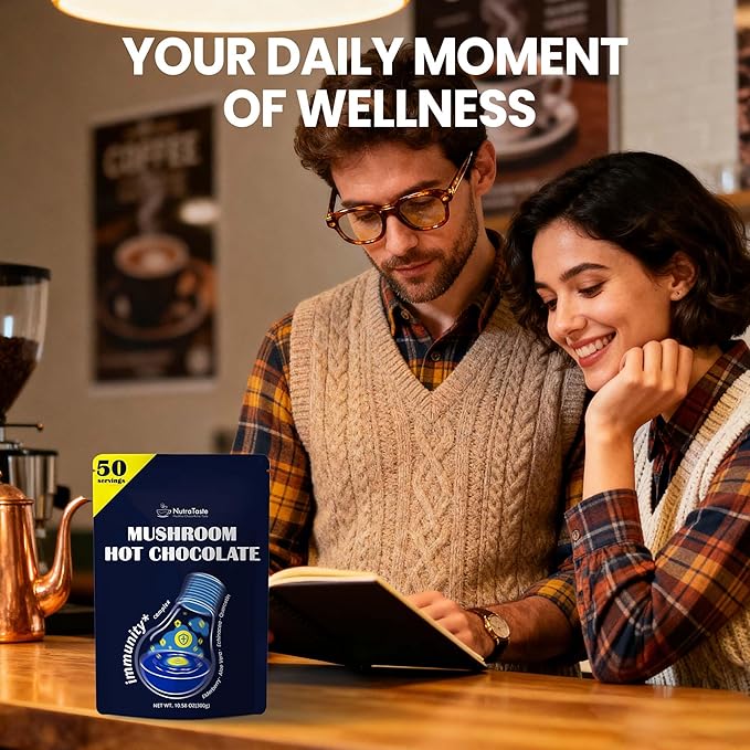Mushroom Hot Chocolate, 50 Servings Cocoa Powder | 10 Mushrooms Supplements with Elderberry, Aloe Vera, Echinacea & Quercetin | Support Immunity, Gut & Stress Health | Vegan & Keto, Gluten-Free