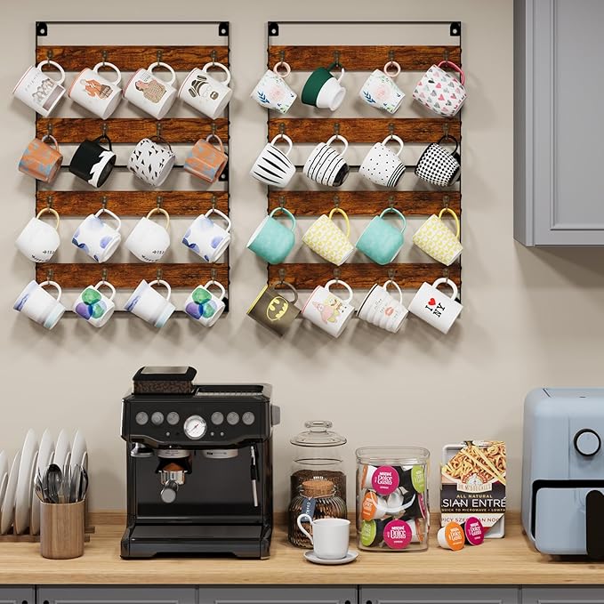 Coffee Mug Holder Rack Organizer - Wall Mounted Rack to Hold Up to 16 Mugs (2Pack), Rustic Wood Cup Organizer Rack & Display Shelf for Kitchen, Coffee Bar, Home, Office