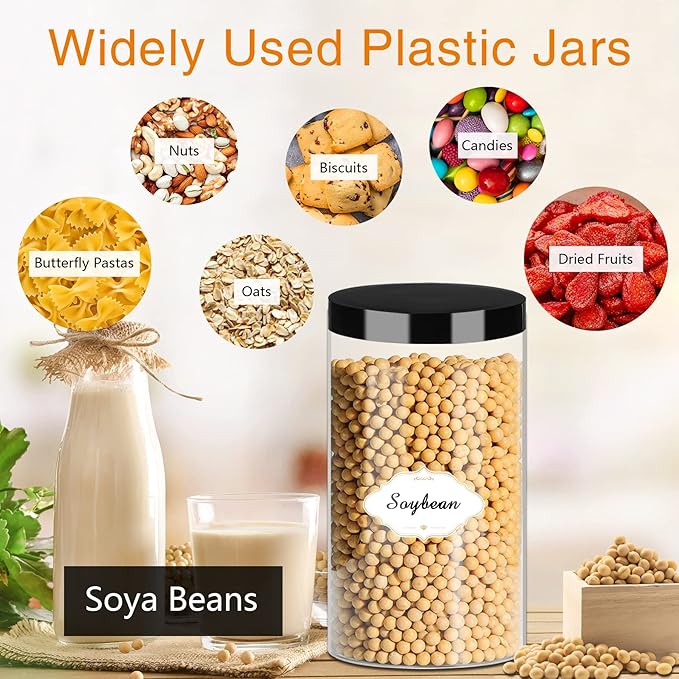 Plastic Jars with Lids, 16 Pcs 32 OZ Large Plastic Storage Jars with Black Leakproof Lids Cylinder Plastic Storage Container Jar Reusable Clear Empty Jars for Home and Kitchen Organizing