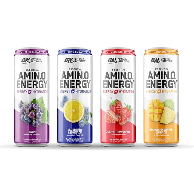 Optimum Nutrition Amino Energy Sparkling Hydration Drink, Electrolytes, Caffeine, Amino Acids, BCAAs, Sugar Free, 12 Fl Oz, Variety Pack of 12 (Packaging May Vary)