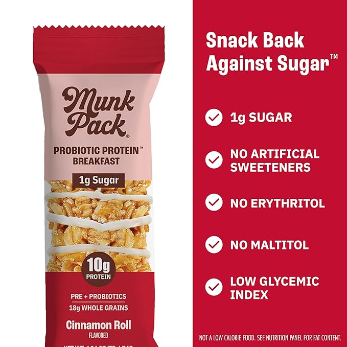 Munk Pack Cinnamon Roll Probiotic Protein Bars | 10g Plant Protein, 1g Sugar, 6g Fiber | Diabetic-Friendly Ideal Breakfast Bars - On-the-Go Snacks, Gluten-Free, Non-GMO | 12 Count