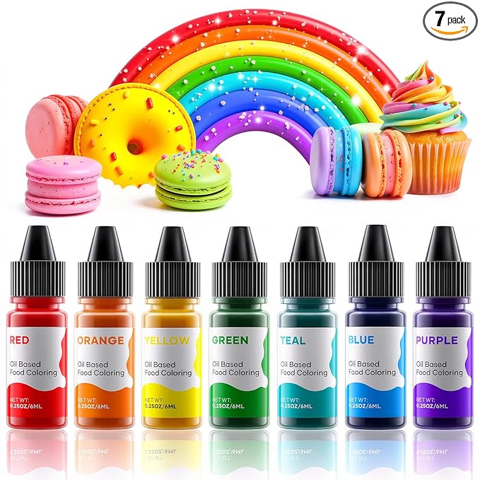 Oil Based Food Coloring for Chocolate Rainbow Oil Edible Food Dye Set for Baking Royal Icing Cookie Supplies Gluten Free 7x6ml Food Grade Food Color Kit, 0.25 Fl. Oz/Bottles