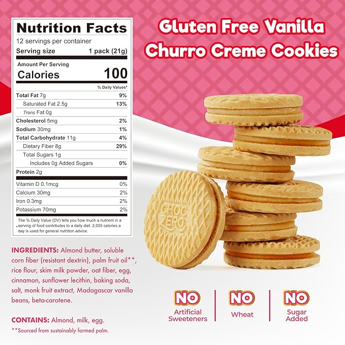ChocZero Churro Dunkies – Sugar Free Cinnamon Vanilla Sandwich Cookies, Keto Friendly, Low Net Carb, High Fiber, Gluten Free – 9oz Box