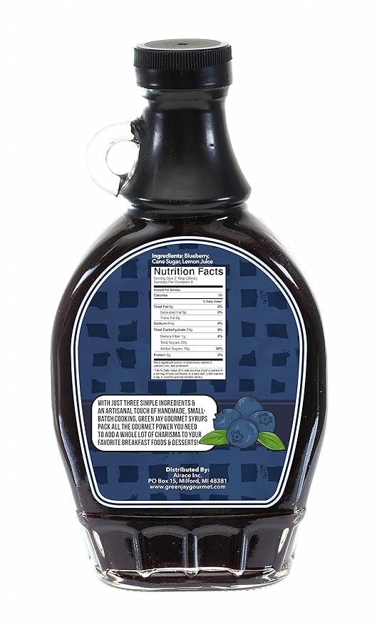 Green Jay Gourmet Blueberry Syrup - 3 Ingredient Premium Breakfast Syrup with Fresh Blueberries, Cane Sugar & Lemon Juice - All-Natural, Non-GMO Pancake Syrup, Waffle Syrup & Dessert Syrup - 8 Ounces