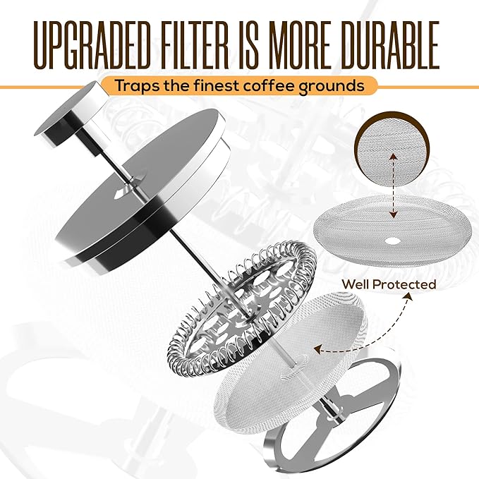 Utopia Kitchen French Press Coffee Maker, Double Wall Insulated Stainless Steel Coffee Press with 4-Level Filtration system, Includes 2 Extra Filters, Rust-Free, Dishwasher Safe (Silver, 17 Ounce)