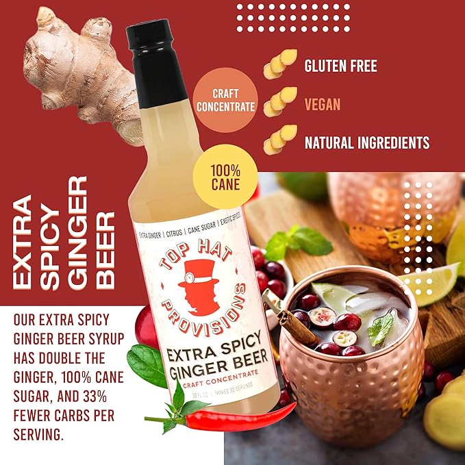 Top Hat Extra Spicy Ginger Beer Syrup - Spicy Ginger Syrup for Soda Makers - Makes 32 Craft Sodas, Mules, Cocktails, Mocktails - Compatible with SodaStream - Just add Soda Water - 32oz bottle