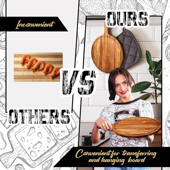 Nuenen 10 Pcs Round Wood Cutting Board with Handle Acacia Wooden Serving Kitchen Chopping Boards for Pizza, Bread, Cheese, Charcuterie, Fruit, Vegetables(Acacia)