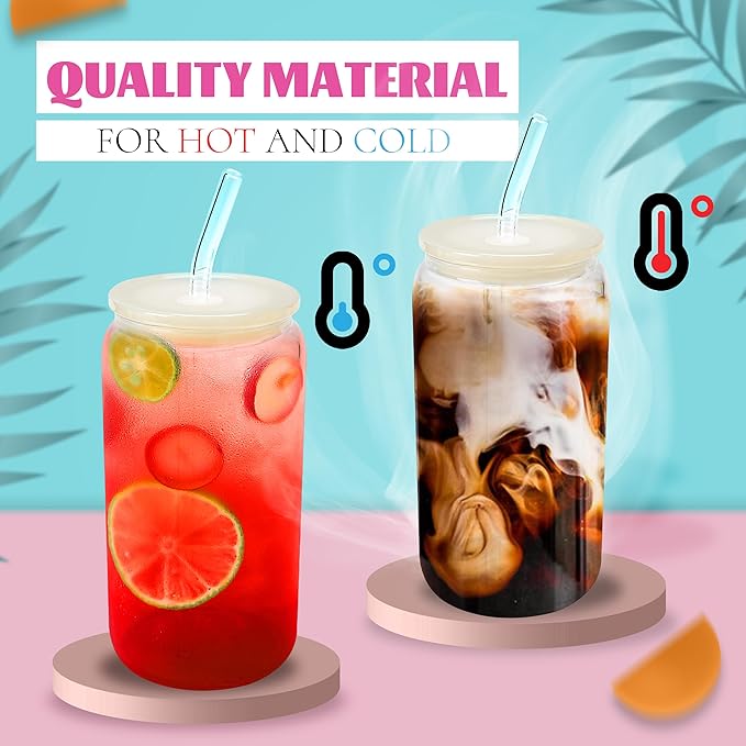 Joyclub 4pcs Glass Cups with Acrylic Lids and Straws 16 oz Can Shaped Glass Iced Coffee Cups with Lids and Straws, Cute Tumbler Cup Drinking Glasses for Smoothie Whiskey Boba Soda Tea Gift