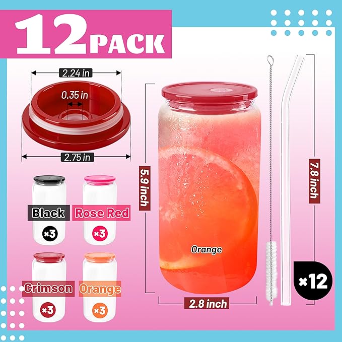 Joyclub 12pcs Glass Cups with Acrylic Lids and Straws 16 oz Can Shaped Glass Iced Coffee Cups with Lids and Straws, Cute Tumbler Cup Drinking Glasses for Smoothie Whiskey Boba Soda Tea Gift