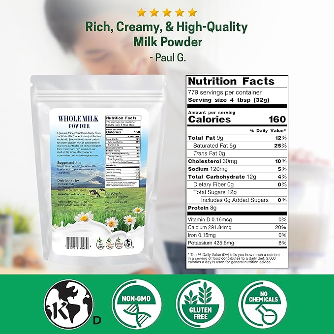 Z Natural Foods Premium Whole Milk Powder - Powdered Milk for Baking, Cooking, Drinks - Dry Milk Powder, Pasteurized, Non-GMO, Gluten-Free, Kosher-Certified, 55 lbs