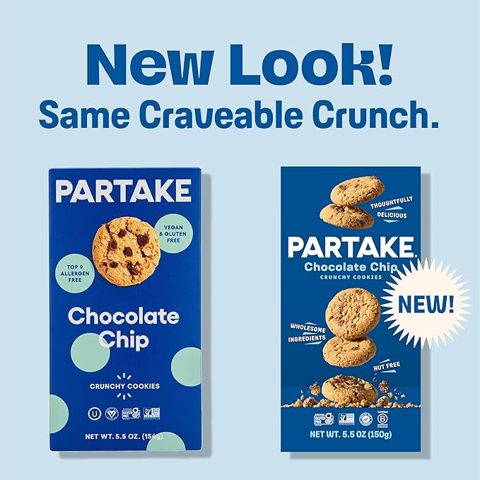 Gluten Free Partake Crunchy & Soft Baked Chocolate Chip Cookies Variety Pack - Vegan - Free From the Top 9 Allergens Including Dairy, Wheat, Soy, Eggs, & Peanuts - Non GMO - Safe School & Office Snack (5 Pack, 5.5oz Boxes)