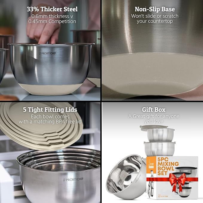 Priority Chef Premium Mixing Bowls With Airtight Lids Set, Thicker Stainless Steel Mixing Bowl Set, Large Prep Metal Bowls with Lids, Nesting Bowls for Kitchen, 1.5/2/3/4/5 Qrt, Khaki