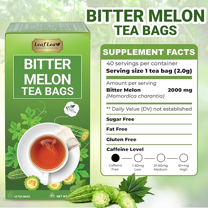 LeafLea 80 Bitter Melon Tea Bags, Premium Dried Momordica Charantia (Melon Amargo, Gohyah) Herbal Fruit Tea | Supports Wellness and Digestion | Caffeine-Free, Sugar-Free, Vegan, Pack of 2