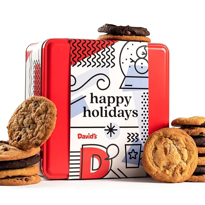 David’s Cookies Happy Holidays Assorted Cookies Gift Tin – 2lbs Soft and Gourmet Christmas Cookies Tin – Freshly Baked Holiday Cookies Gift Basket - All Natural and Handmade Christmas Cookies