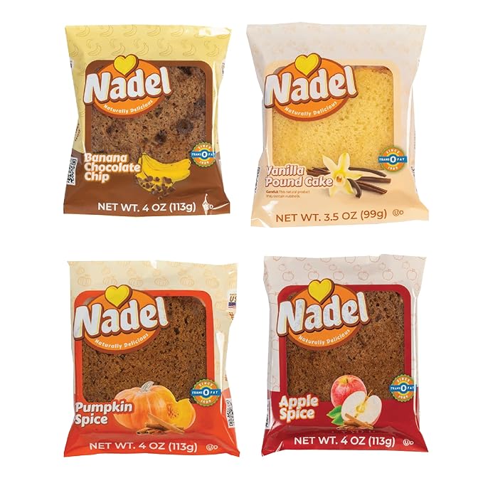 Nadel - Naturally Delicious Sweet Breads Variety Pack (Banana Chocolate Chip, Vanilla Pound Cake, Apple Spice, Pumpkin Spice). (12 Pack, 3 Breads Per Flavor)