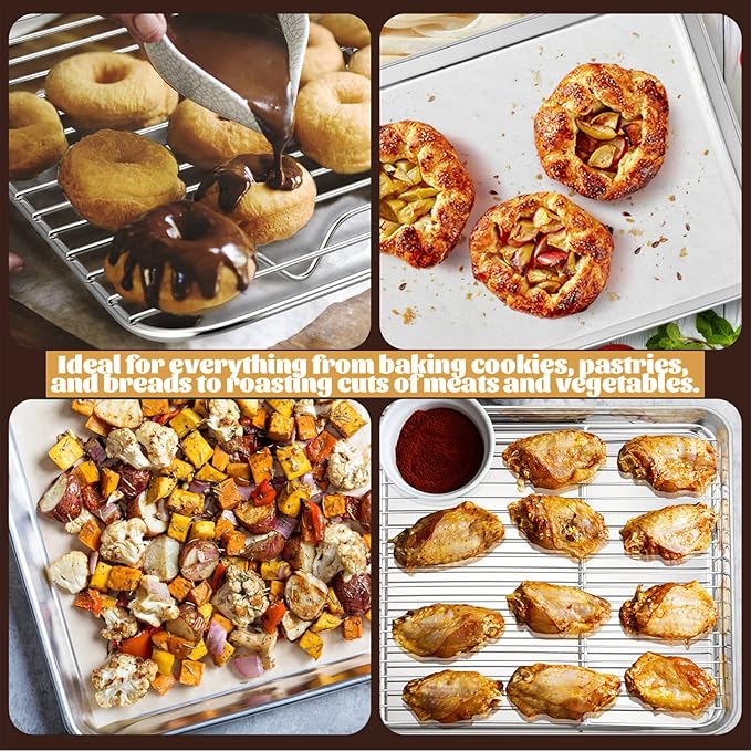 Baking Sheet with Rack Set, E-far 16”x12” Stainless Steel Cookie Sheet Pan for Oven, Rimmed Metal Tray with Wire Cooling Rack for Cooking Roasting Resting Bacon Meat Steak - Dishwasher Safe