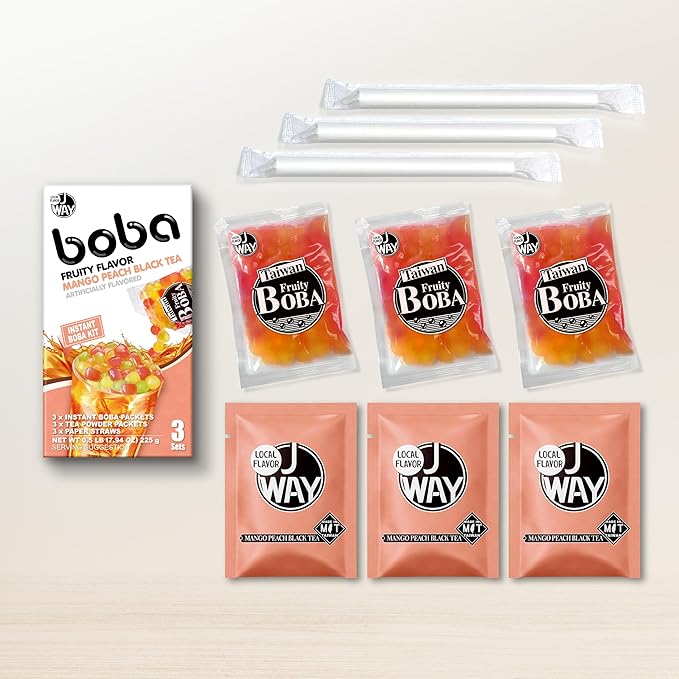 J WAY Instant Mango Peach Black Tea Kit with Authentic Fruity Colorful Tapioca Boba, Ready in Under One Minute, Paper Straws Included - 3 Servings