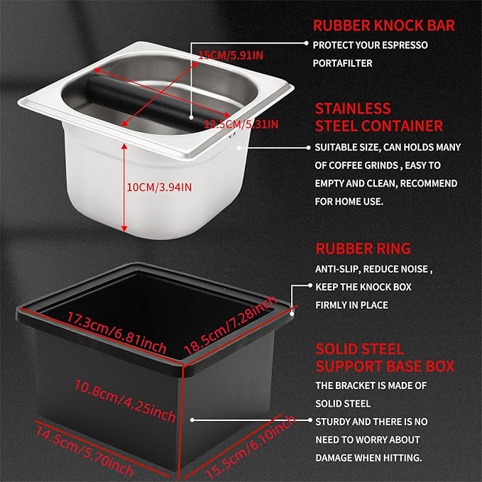 Espresso Knock Box,Stainless Steel Coffee Pucks Container, with Steel Holder and Noise Reduction Rubber Ring (7.28 x 6.8 x 4.25 inch)