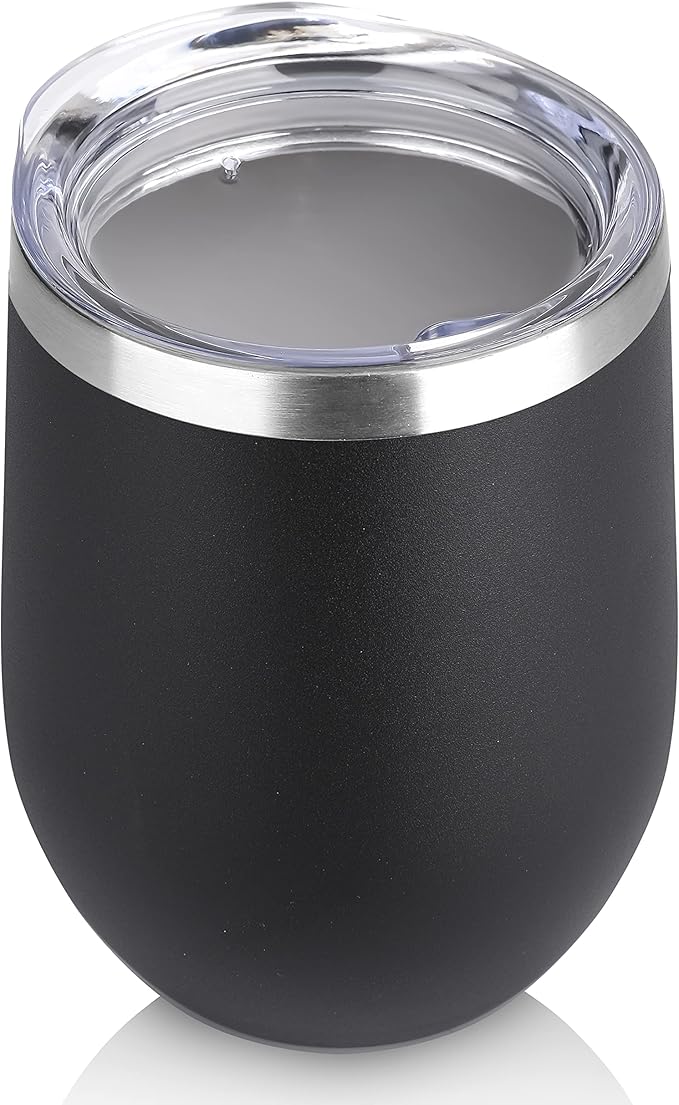 DOMICARE Stainless Steel Wine Tumbler Bulk with Lid, Personalized Insulated Tumblers Set, 12oz Travel Coffee Cups Pack of 1, Black