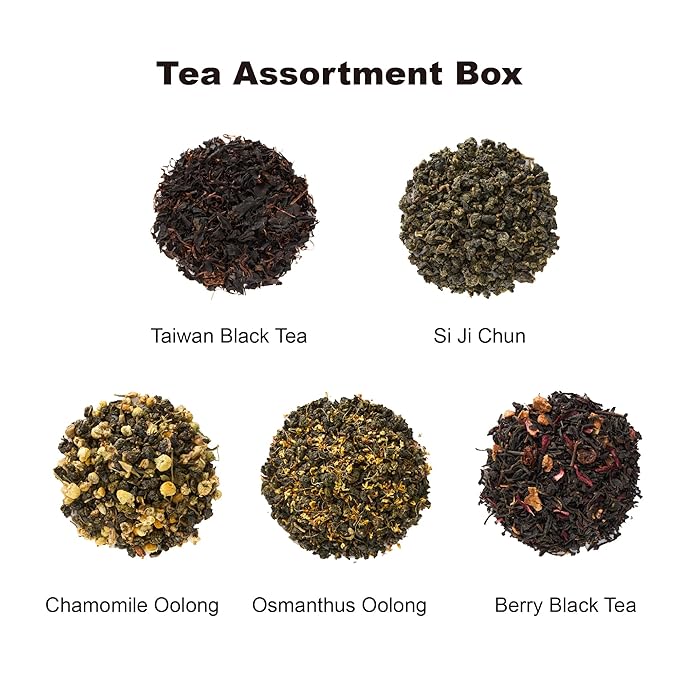 EZR Leaf Tea Sampler Gift Box – 22 Pyramid Tea Bags with Taiwan Black, Osmanthus Oolong, Chamomile Oolong, Berry Black, Four Seasons Green – Flavored Assorted Tea Set for Gifting & Tasting