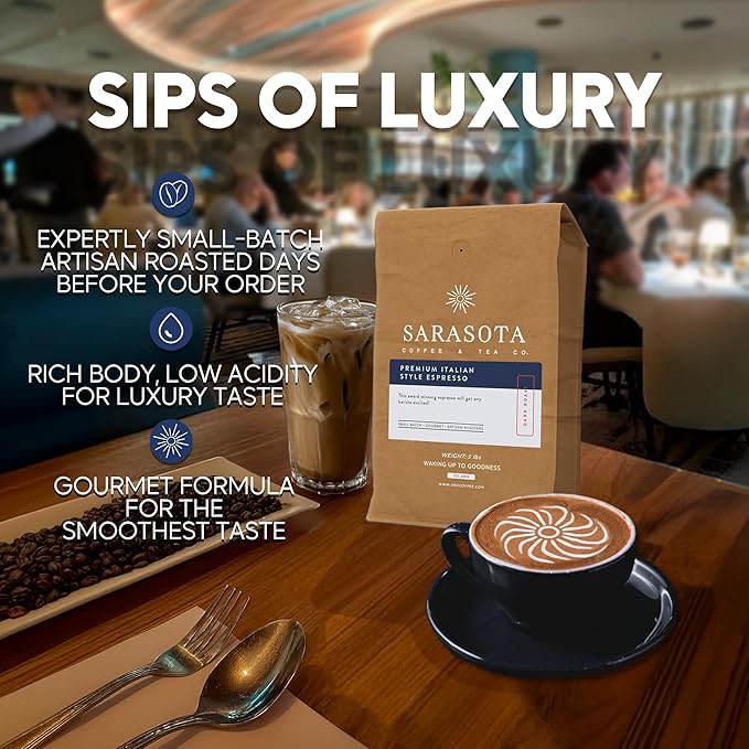 Sarasota Coffee Ground Espresso | Dark Roast Gourmet Coffee Grounds | Low Acid, Mold Free, Specialty Grade, Bulk Ground Espresso Coffee | 5lb (80 oz)