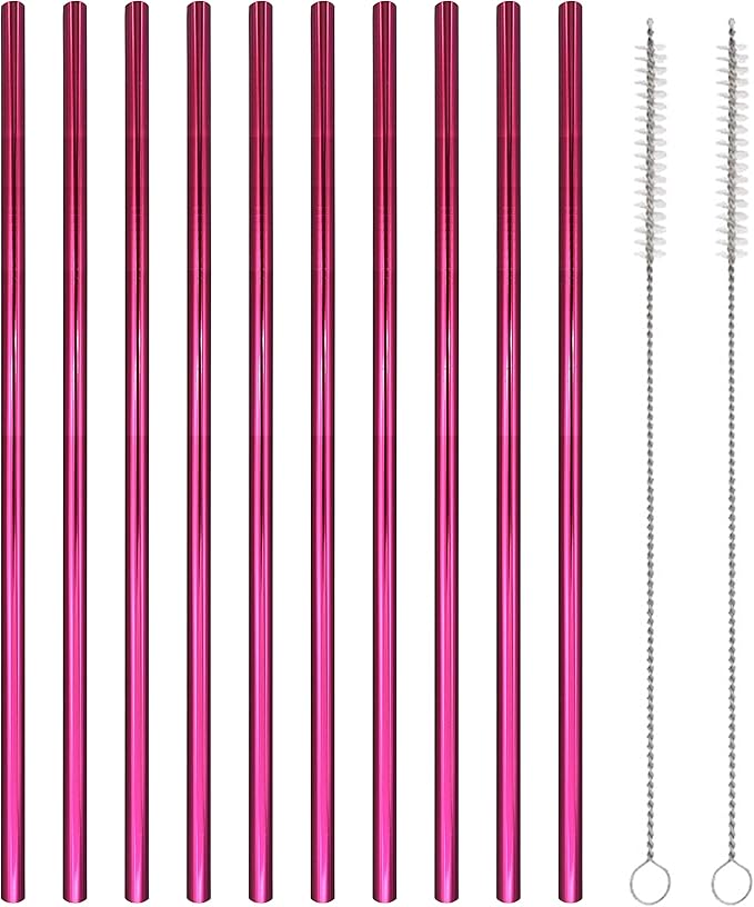 10 Pcs Stainless Steel Straws, Reusable Drinking Straws, Straight Metal Straw Sets with 2 Pcs Cleaning Brushes (10.5 Inch, Rose Red)