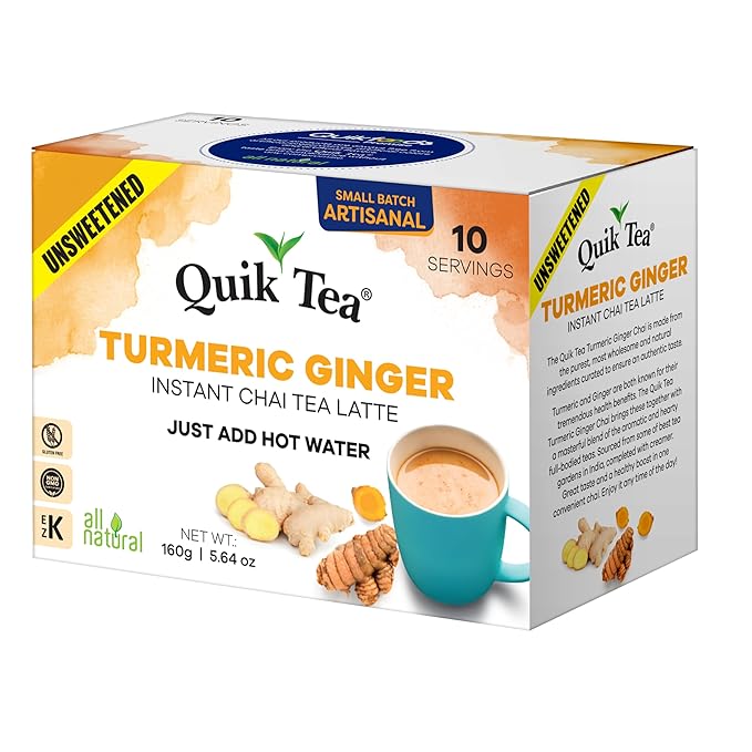 QuikTea Turmeric Ginger Unsweetened Chai Tea Latte – 10 Count, Bold Turmeric Ginger Flavor, no preservatives, No Sugar Added – Just Add Hot Water