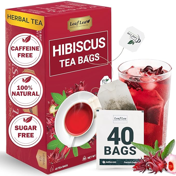 LeafLea 40 Premium Natural Hibiscus Tea Bags, 100% Pure from Hibiscus Flowers, Caffeine-Free Herbal Tea, Hibiscus Flower Tea Rich in Natural Goodness and Flavor, No Sugar, Gluten-Free, Vegan