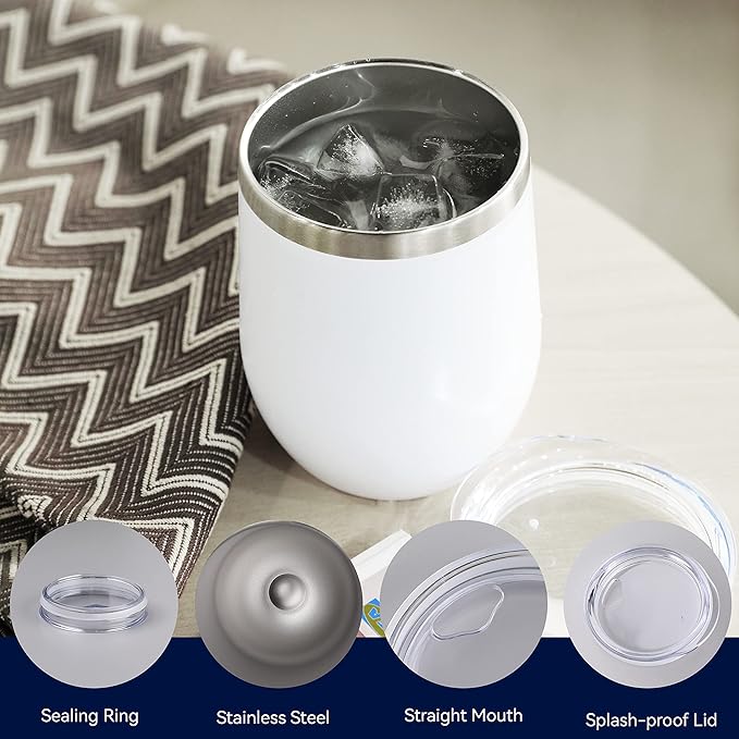 DOMICARE Stainless Steel Wine Tumbler Bulk with Lid, Personalized White Insulated Tumblers Set, 12oz Travel Coffee Cups Pack of 12