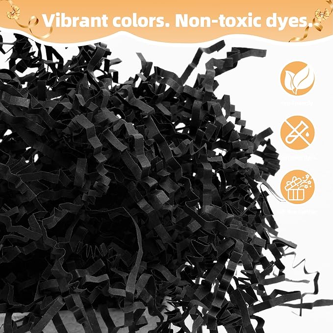 LWWTBS Crinkle Cut Paper 7oz Shredded Packing Grass Cushion Paper for Gift Baskets Christmas Wedding Birthday Bridesmaid Engagement Craft Gift boxes Bags Filler (Black)