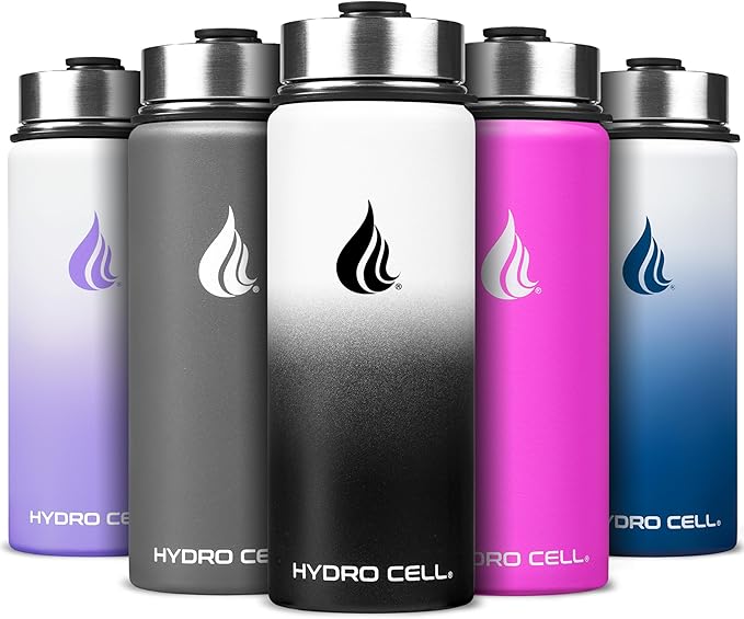 HYDRO CELL Stainless Steel Insulated Water Bottle with Straw - For Cold & Hot Drinks - Metal Vacuum Flask with Screw Cap and Modern Leakproof Sport Thermos for Adults (Black/White 18oz)