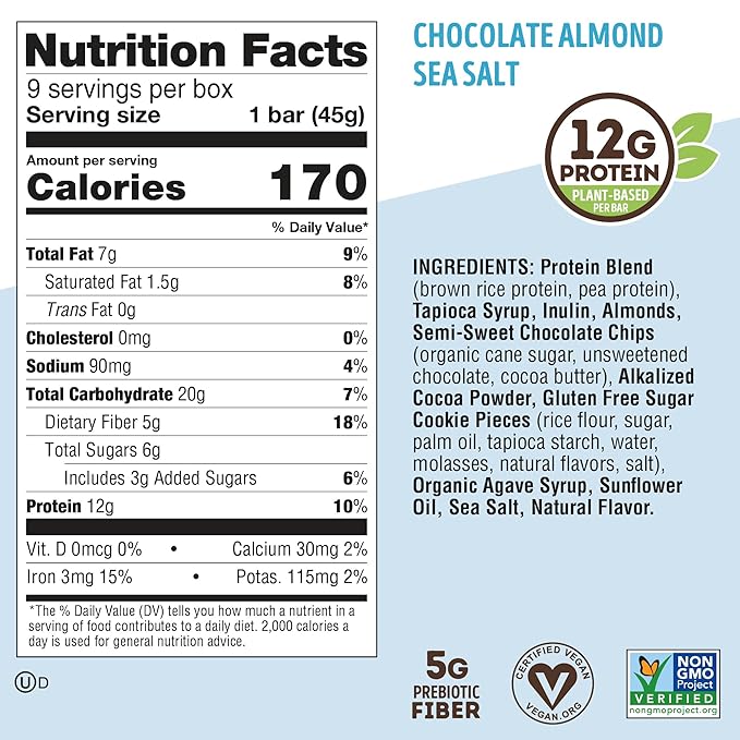 Lenny & Larry's Cookie-fied Protein Bar – Chocolate Almond Sea Salt Vegan Protein Bars 9x45g – Healthy Snacks with 12g Plant Protein & 5g Fiber – Gluten free Power Bar, Keto Friendly, Non-GMO & Vegan