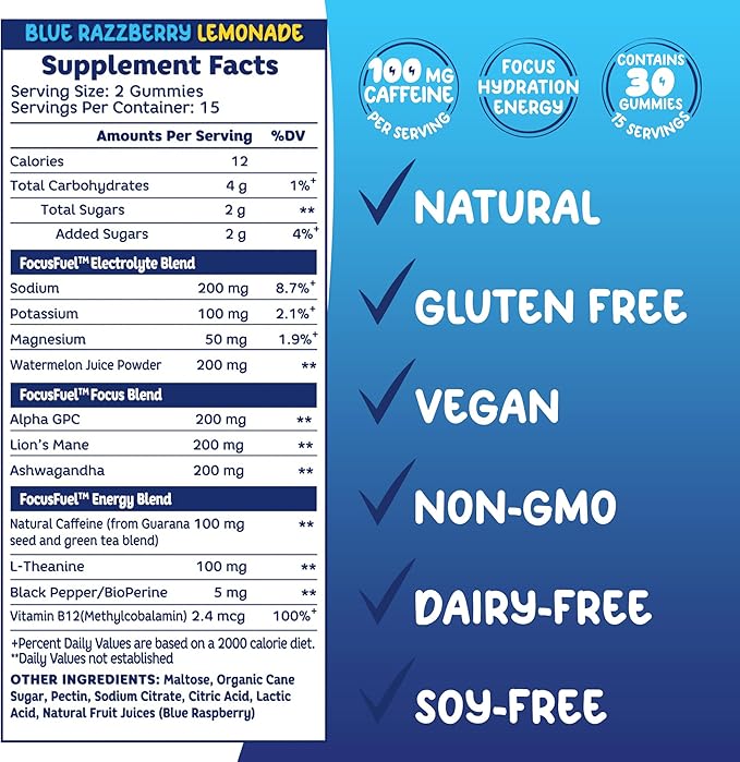 FocusFuel Energy Chews – Blue Razzberry Lemonade (15 Servings) – 100mg Caffeine + Alpha GPC + L-Theanine + B12, Magnesium – Great Taste – No Crash or Jitters