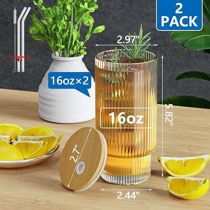 16OZ Glass Cups with Lids and Straws, Vintage Glassware for Whiskey Cocktail Beer, Iced Coffee Cups with Lid, Glass Tumbler with Straw and Lid (2 PACK)