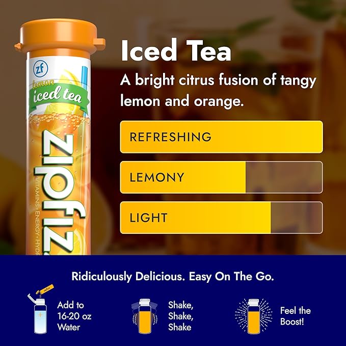 Zipfizz Daily Energy Drink Powder, Lemon Iced Tea, 20 Pack | 3-in-1 Sustained Energy, Rapid Hydration, and Essential Vitamins | Sugar-Free | Electrolyte Powder | Contains Vitamin B-12 & Antioxidants