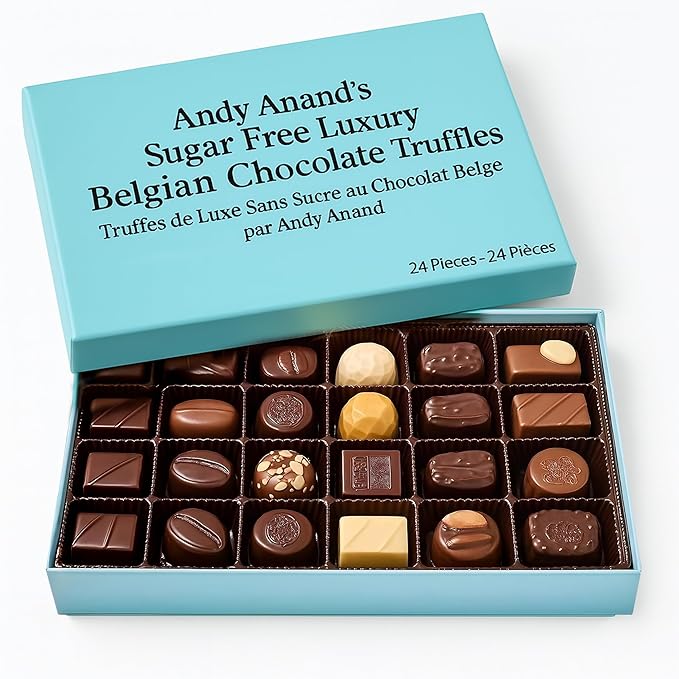 Andy Anand Chocolatier Sugar Free Belgian Dark Chocolate Truffles - Gluten Free & Diabetic-Friendly Chocolate Truffles Gift Box, Assorted Flavors Belgian Truffles With Guilt-Free Indulgence (16 Pcs)
