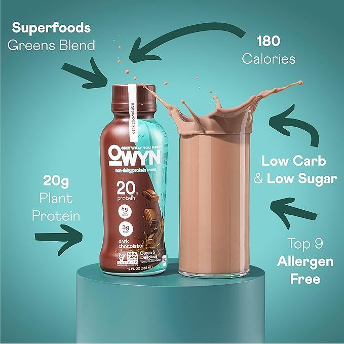 OWYN Only What You Need Plant Based Protein Shake, 20g Vegan Protein from Organic Pumpkin Seed, Flax, Pea Blend, Prebiotic Supplement, Superfood Greens, Gluten & Soy-Free (Variety Pack, 12 Pack)