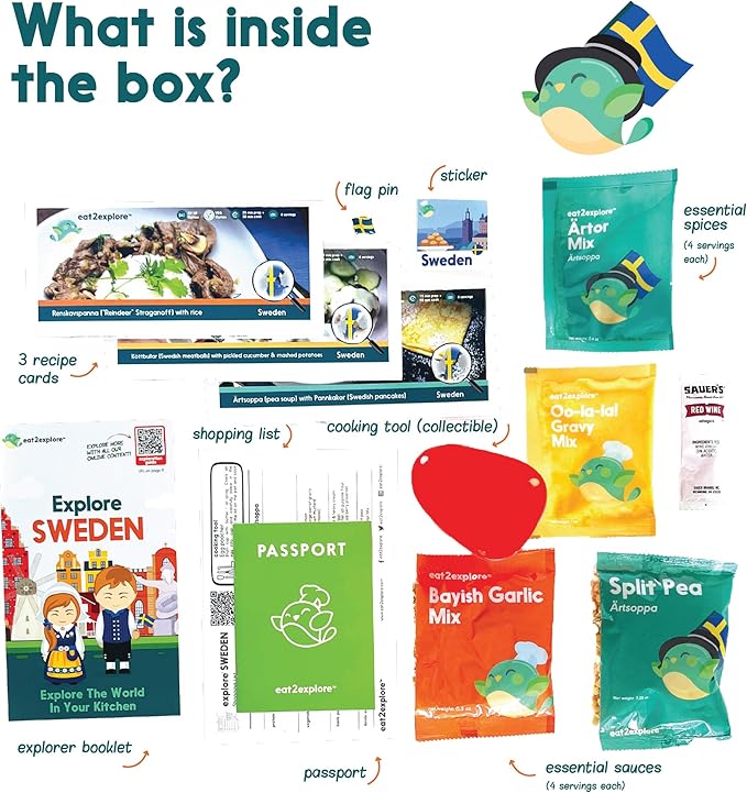 eat2explore Cooking Kits for Kids – Interactive & Educational Kids Cooking Sets Real for Ages 5 and Up,3 Recipe Cards & Global Ingredients – Fun Gift for Young Chefs (Sweden Edition)
