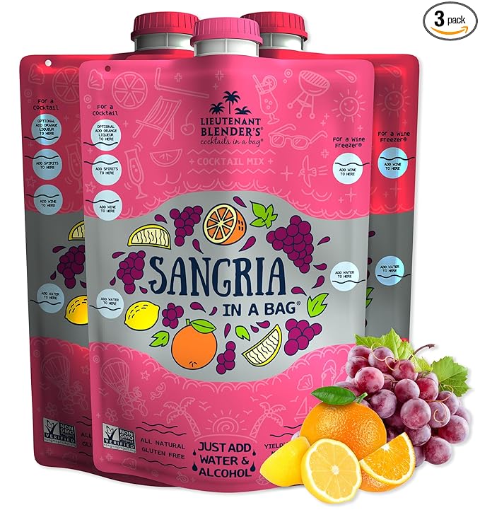 Lt. Blender's Sangria in a Bag – Wine Slushie Mixes - Each Bag Makes 1/2 Gallon of Frozen Red Sangria Mix – Non-GMO Wine Freezer Mix - Make with Wine, Liquor or as a Mocktail - (Pack of 3)