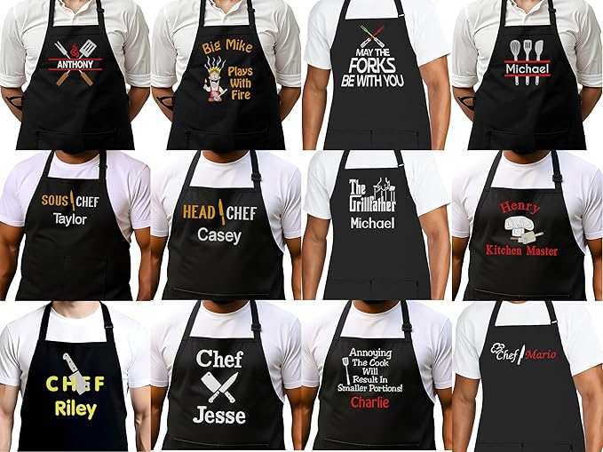 Personalized Chef Apron for Men, Custom Embroidered Design, Professional Kitchen Cooking BBQ Grilling for Dad, Decorated in USA