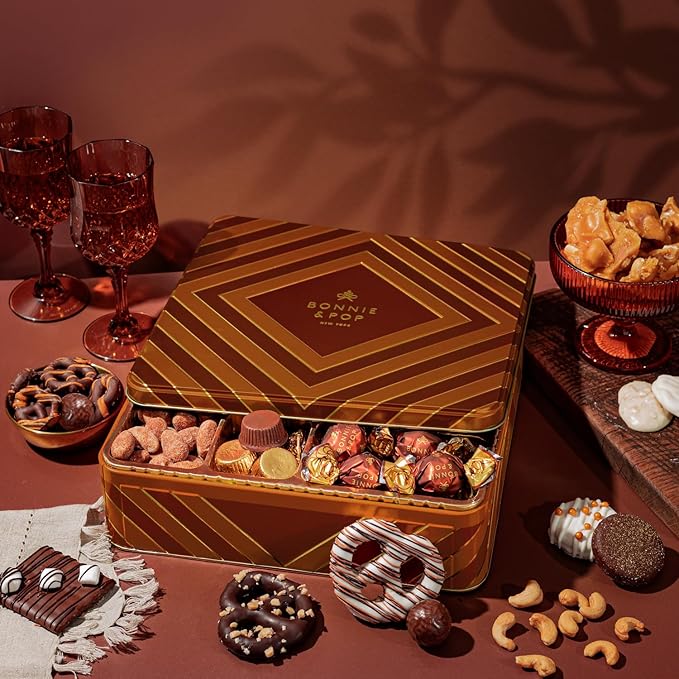 Holiday Chocolate Gift Basket– Thanksgiving Snack Box with Covered Pretzels, Oreos, Nuts & Sweets – Gourmet Food Gift Tin for Christmas, Families, Men, Women, Clients- Bonnie and Pop