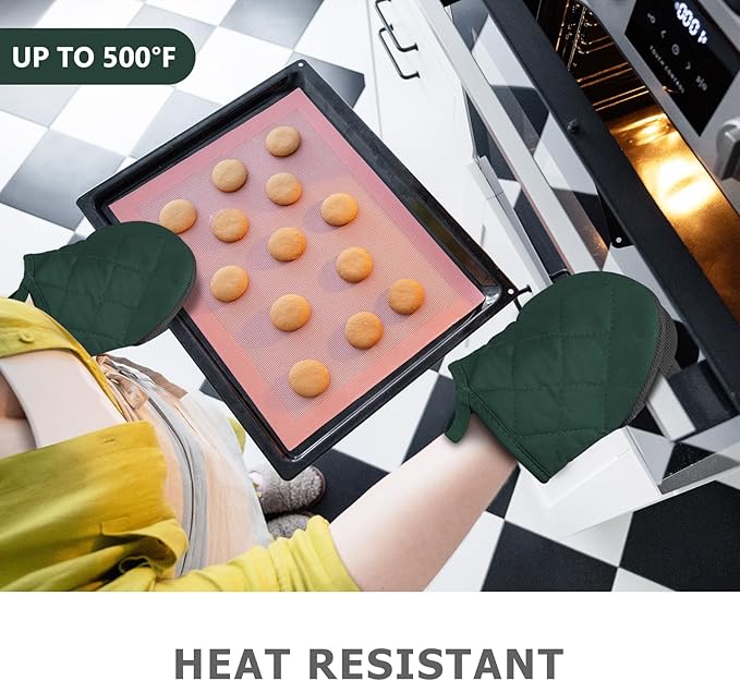 1 Pair Short Oven Mitts - Silicone Kitchen Oven Gloves High Heat Resistant 500℉, Mini Oven Mits with Non-Slip Grip Surfaces and Hanging Loop for BBQ, Baking, Cooking and Grilling (ArmyGreen)