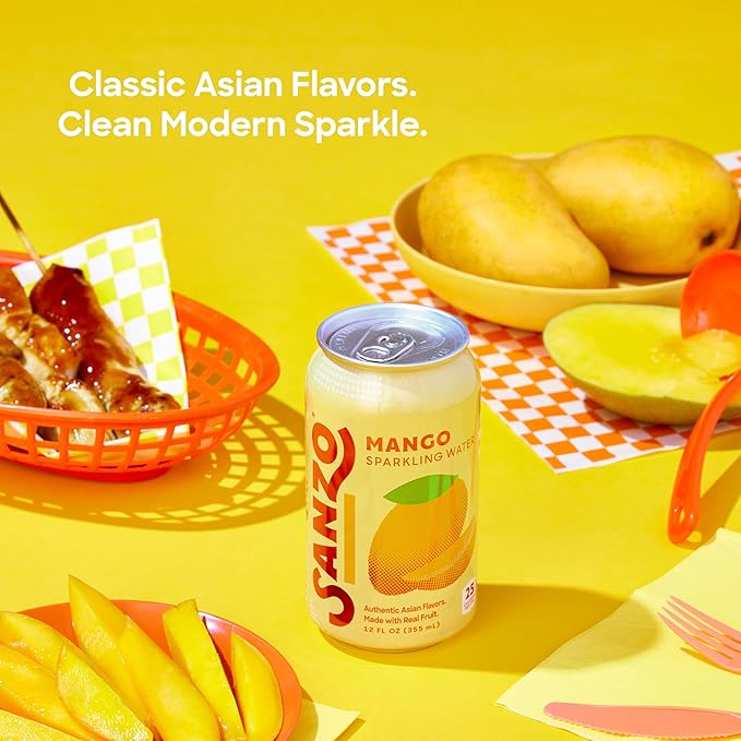 Sanzo Flavored Sparkling Water - Mango Soda Seltzer - Low Calorie Low Sugar Soda - Craft Asian Drinks - Vegan Gluten Free Carbonated Flavored Water - Fizzy Bubbly Healthy Drinks - 12oz, 12 Pack