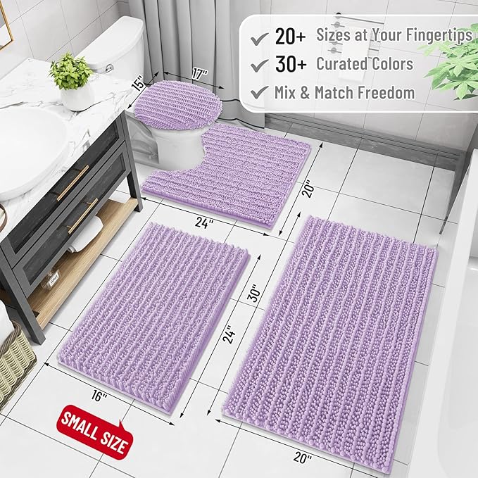 Arotive Luxury Chenille Bathroom Rug Mat, Extra Soft Thick Absorbent Shaggy Bath Rugs, Non-Slip Machine Wash Dry, Plush Bath Mats for Bathroom, Shower and Tub, 30x17, Light Purple