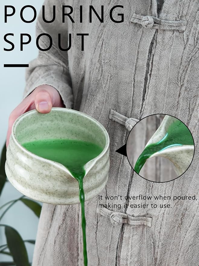 Artcome Matcha Bowl Set with Pouring Spout – Ceramic Chawan, Bamboo Whisk, Whisk Holder, Tea Scoop, and Matcha Manual – Traditional Japanese Tea Set