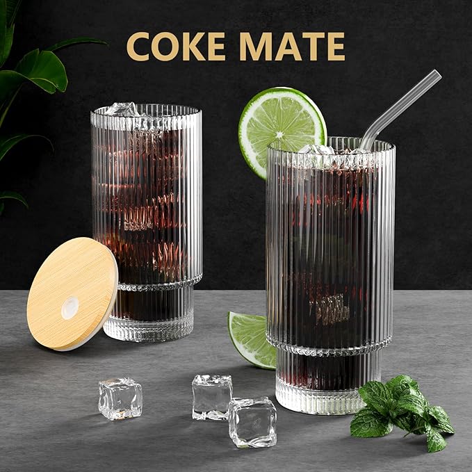 16 OZ Glass Cup with Lid and Straw, Vintage Ribbed Glassware for Whiskey Cocktail Beer, Iced Coffee Cups with Lid, Glass Tumbler with Straw and Lid (1 PACK)