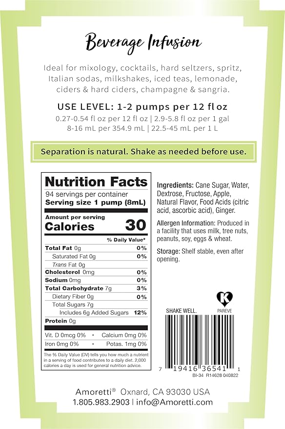 Amoretti - Apple Ginger Beverage Infusion, 94 Servings Per Bottle (750 ml) - Drink Mix & Water Enhancer with Pump for Flavoring Cocktails, Waters, Teas, and other Beverages, Preservative Free